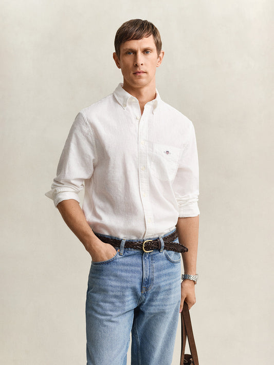 Gant Men White Solid Regular Fit Cotton Linen Shirt