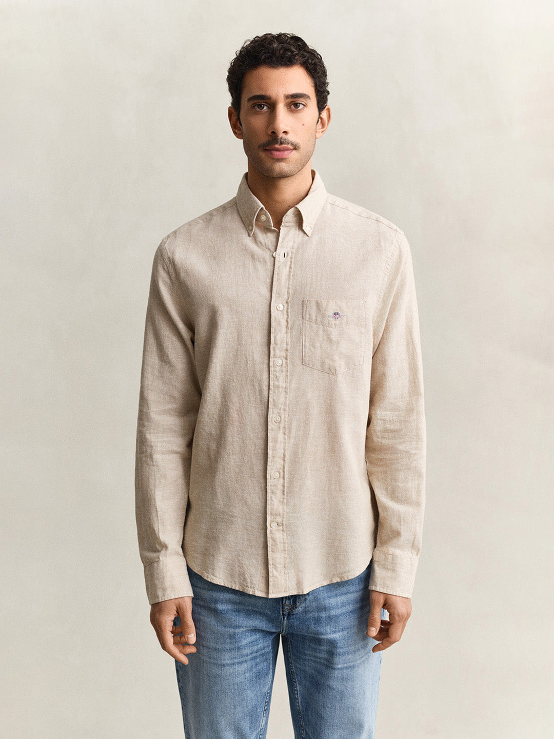 Gant Men Beige Solid Regular Fit Cotton Linen Shirt