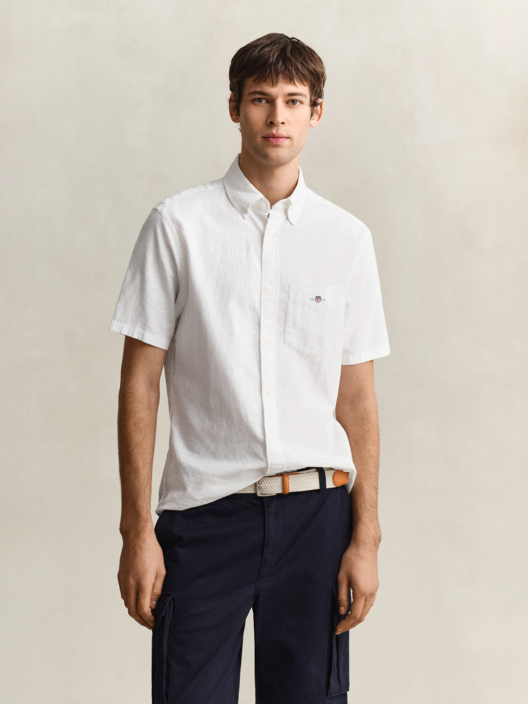 Gant Men White Solid Regular Fit Cotton Linen Shirt