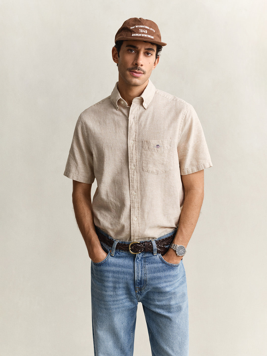 Gant Men Beige Solid Regular Fit Cotton Linen Shirt