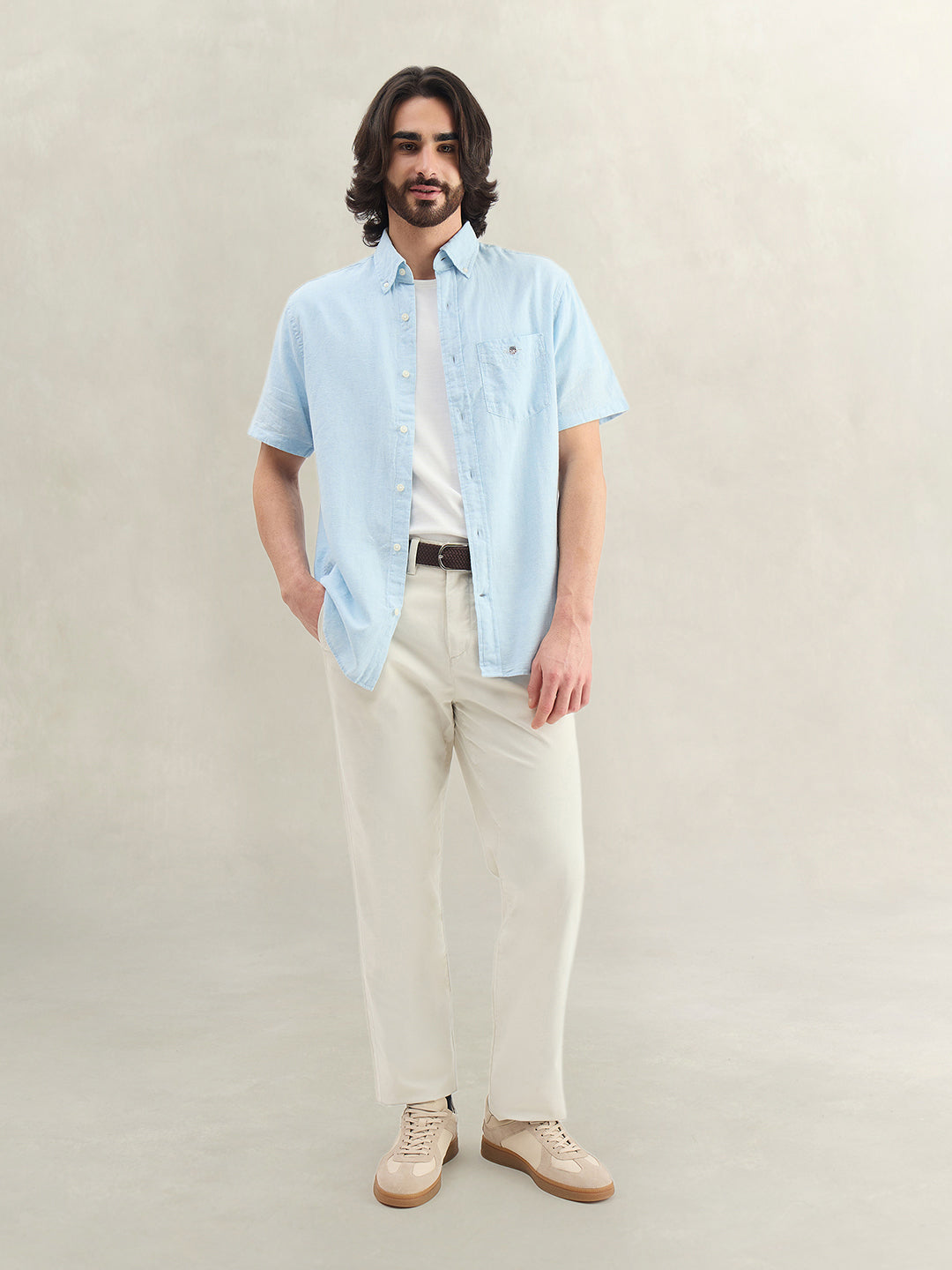 Gant Men Blue Solid Regular Fit Cotton Linen Shirt