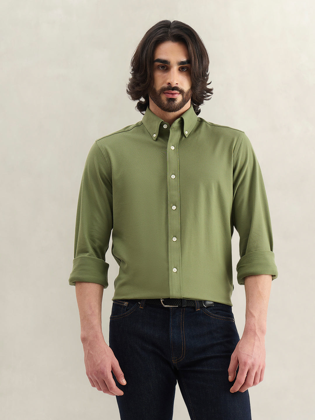 Gant Men Green Solid Regular Fit Pique Shirt