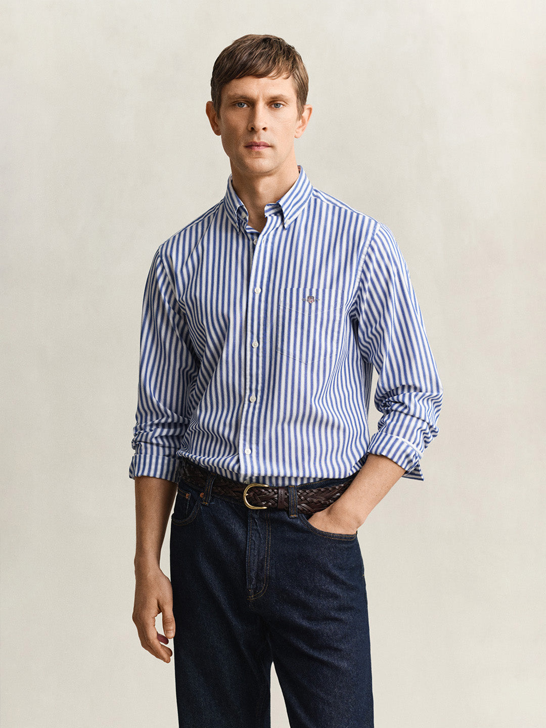 GANT Men Blue Striped Regular Fit Poplin Shirt