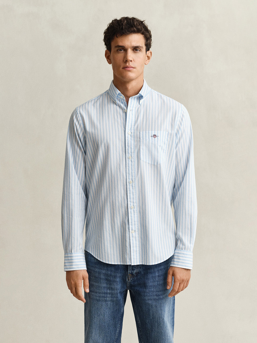 GANT Men Blue Striped Regular Fit Poplin Shirt