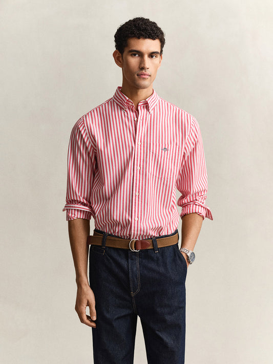 GANT Men Red Striped Regular Fit Poplin Shirt