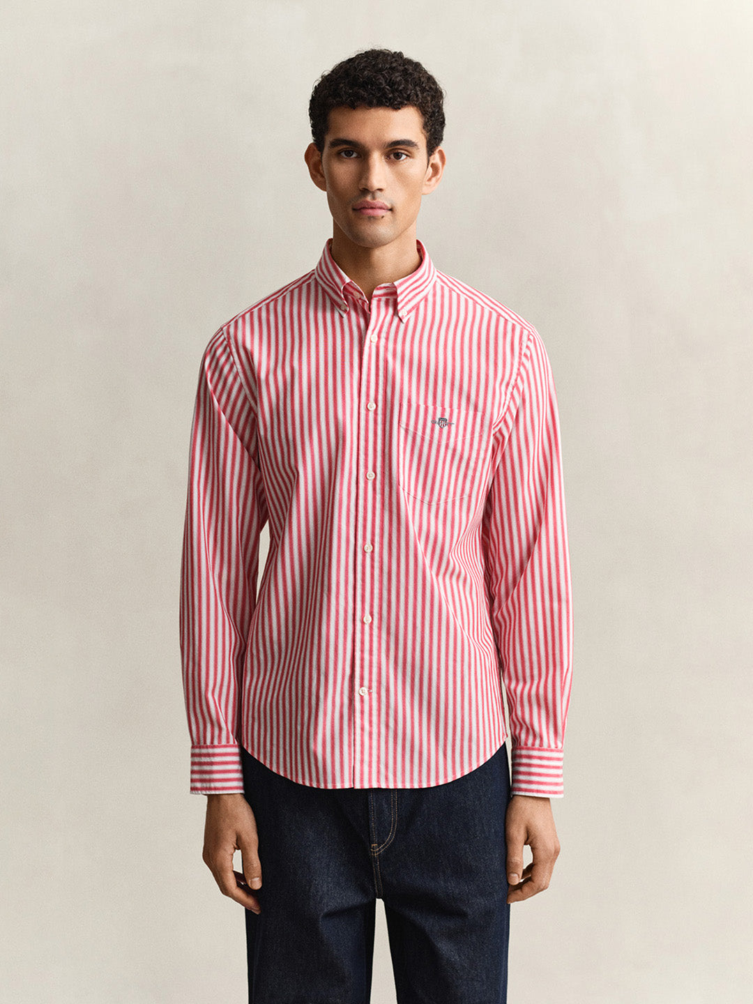 GANT Men Red Striped Regular Fit Poplin Shirt