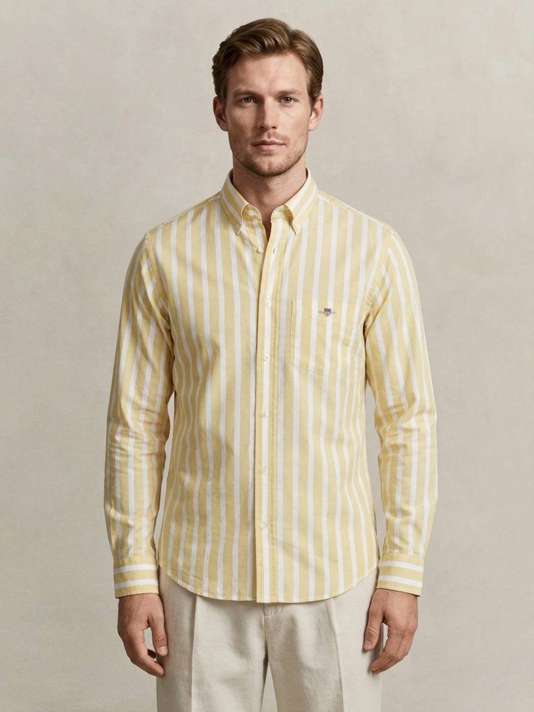 Gant Men Yellow Striped Regular Fit Classic Poplin Shirt