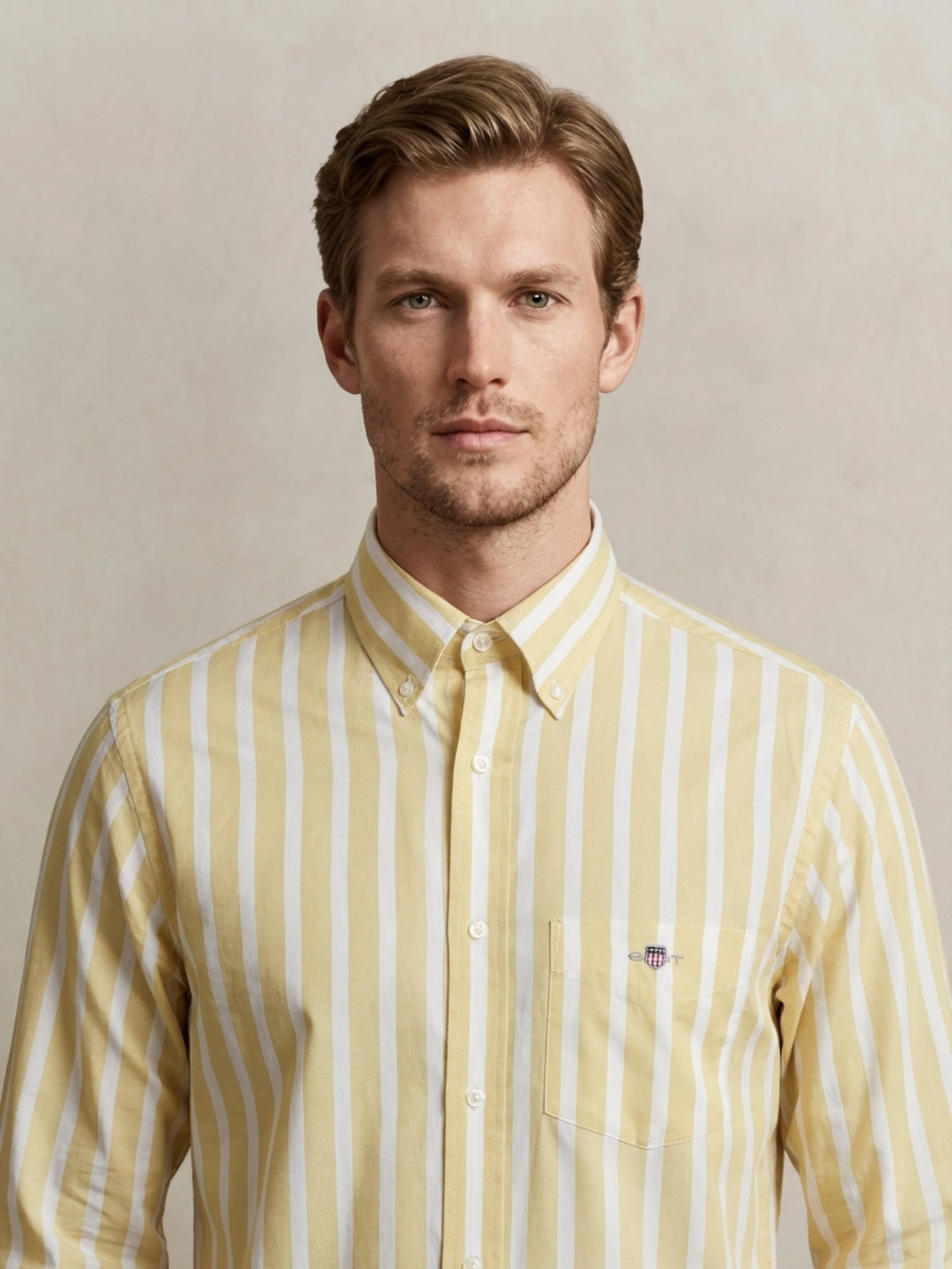 Gant Men Yellow Striped Regular Fit Classic Poplin Shirt