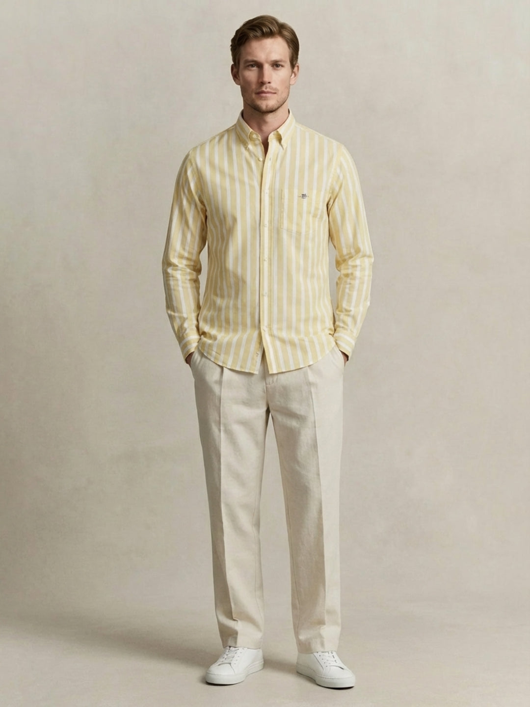 Gant Men Yellow Striped Regular Fit Classic Poplin Shirt