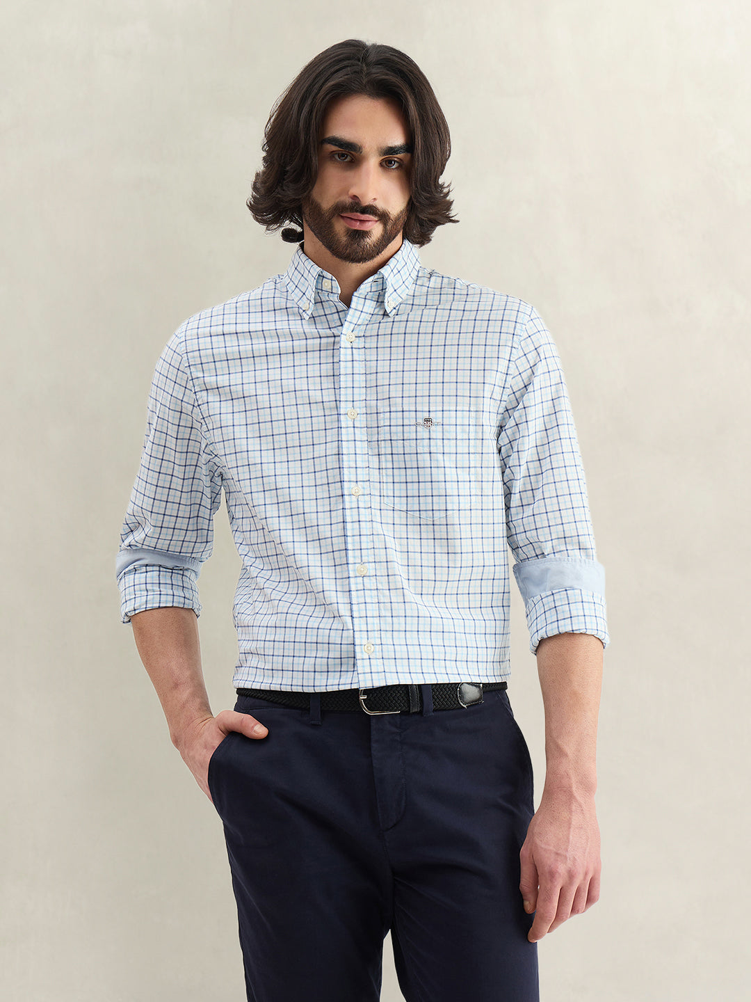 Gant Men Blue Checked Regular Fit Classic Poplin Shirt