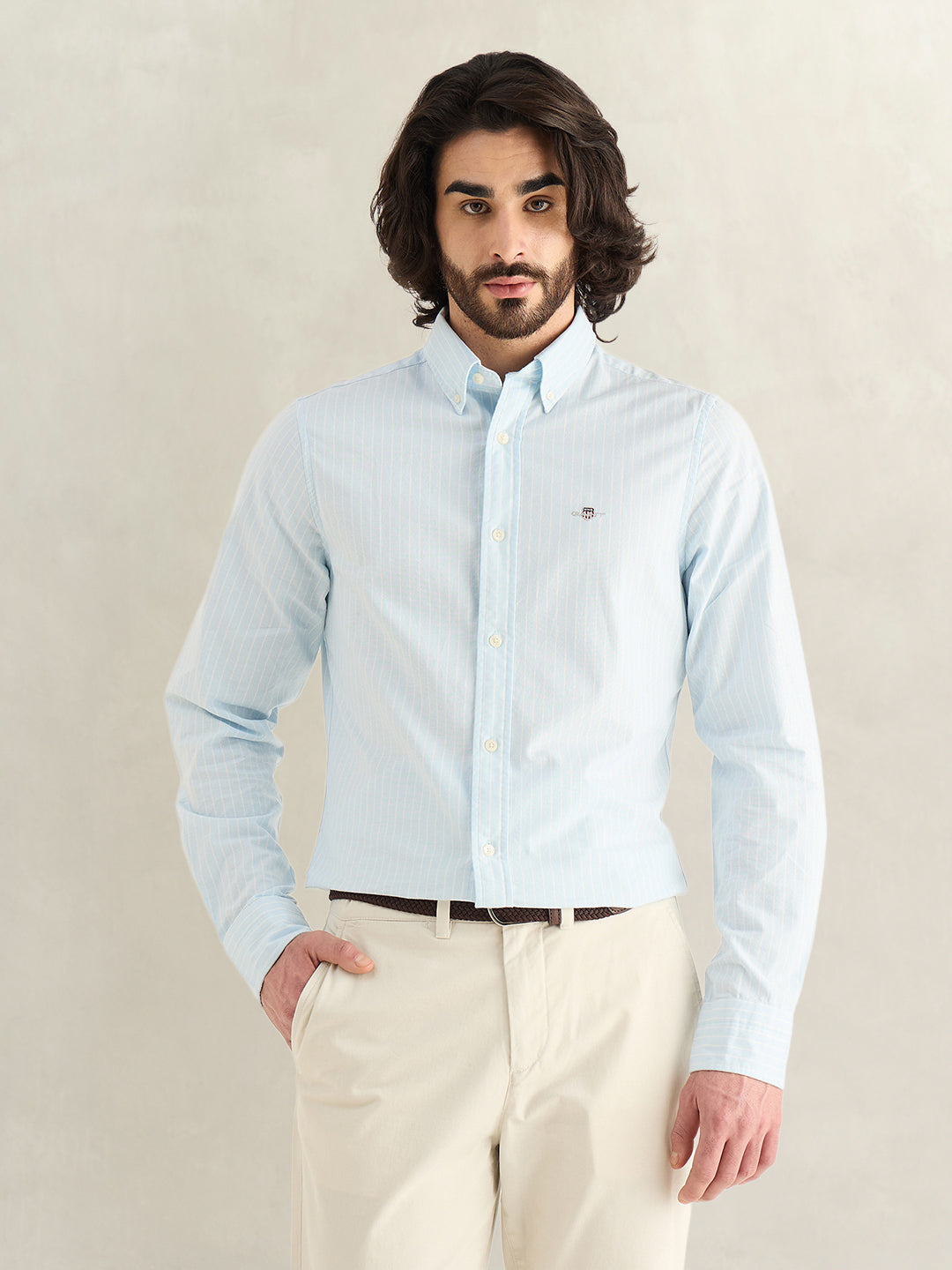 Gant Men Sky Blue Striped Slim Fit Oxford Shirt