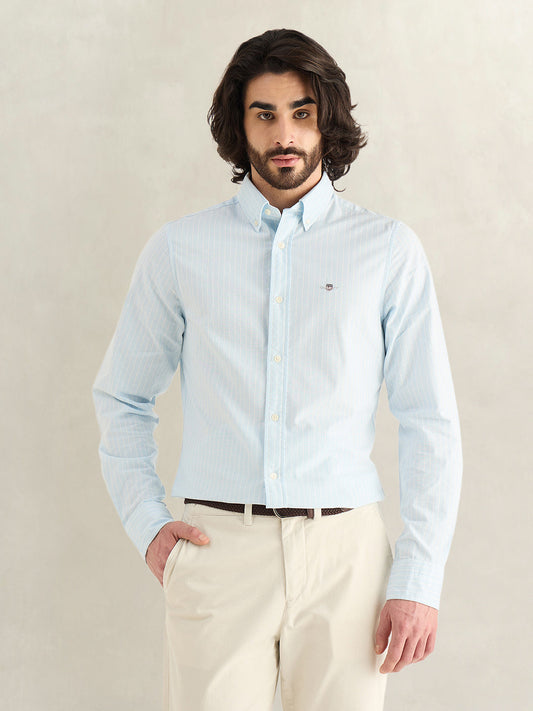 Gant Men Sky Blue Striped Slim Fit Oxford Shirt