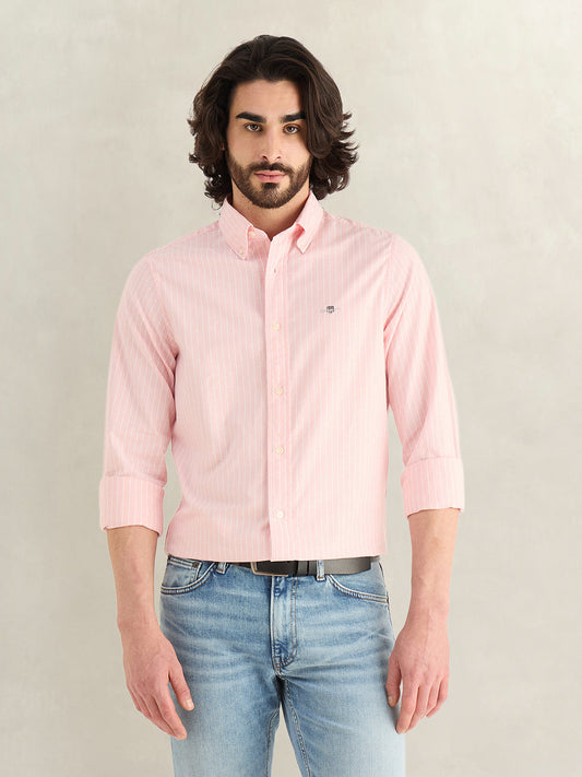 Gant Men Pink Striped Slim Fit Oxford Shirt