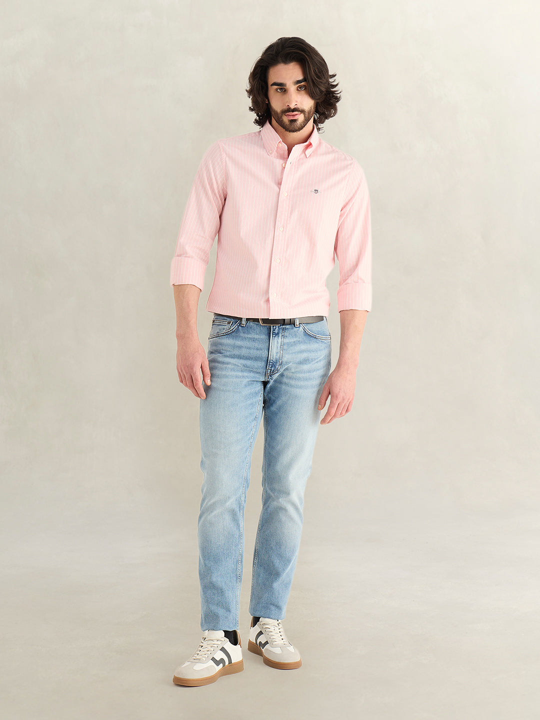Gant Men Pink Striped Slim Fit Oxford Shirt