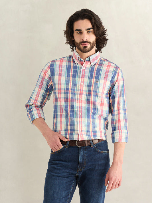 Gant Men Blue Checked Regular Fit Pure Cotton Shirt