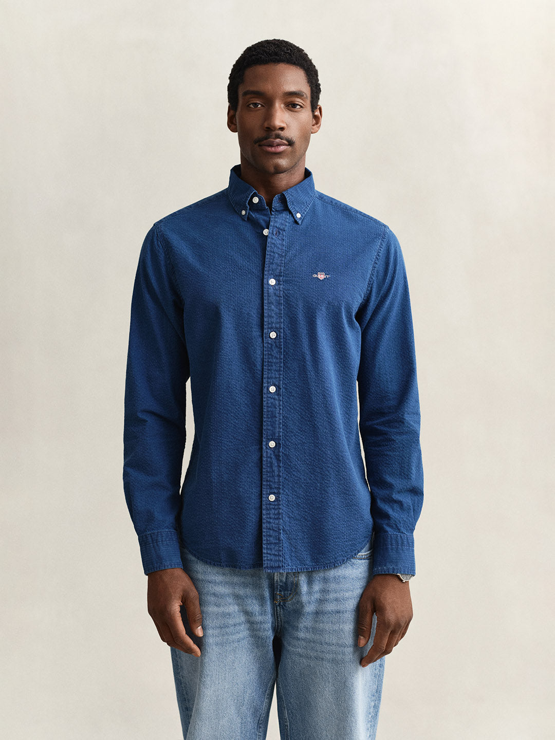 GANT Men Navy Blue Regular Fit Seersucker Shirt