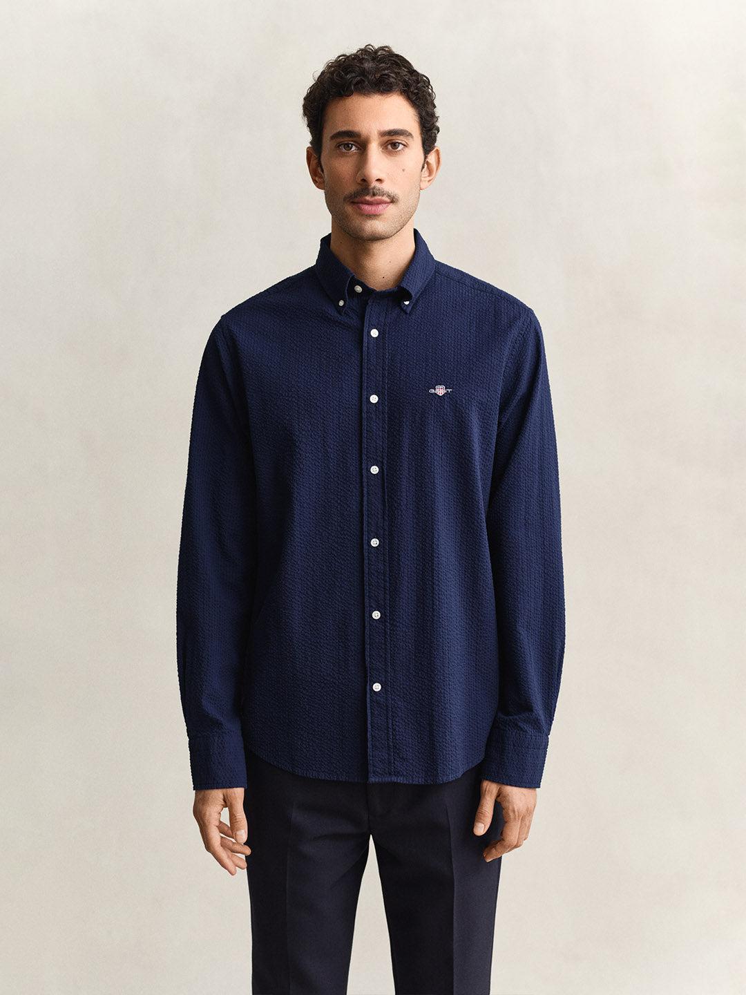 GANT Men Navy Blue Regular Fit Seersucker Shirt