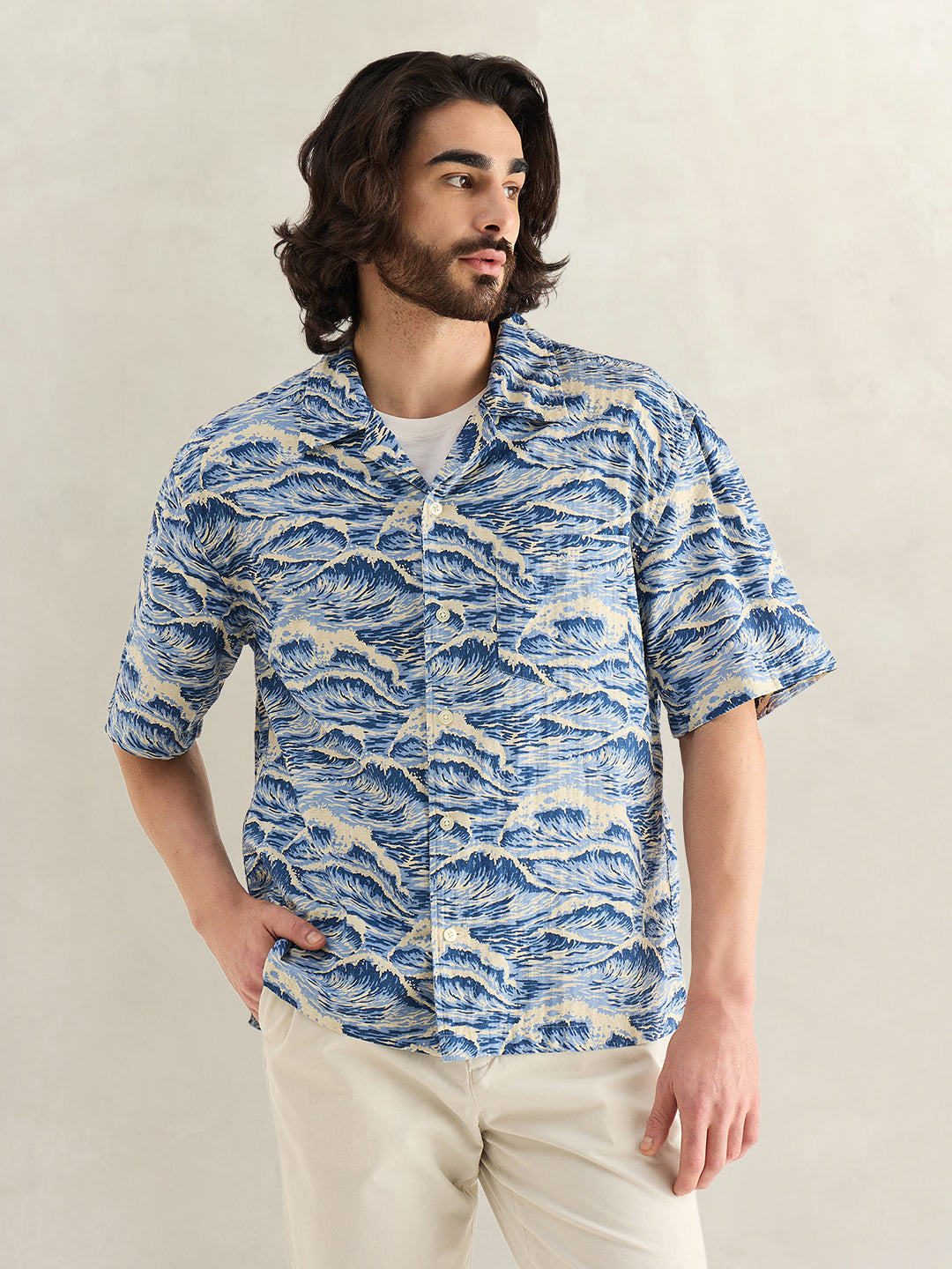 Gant Men Blue Printed Relaxed Fit Pure Cotton Shirt