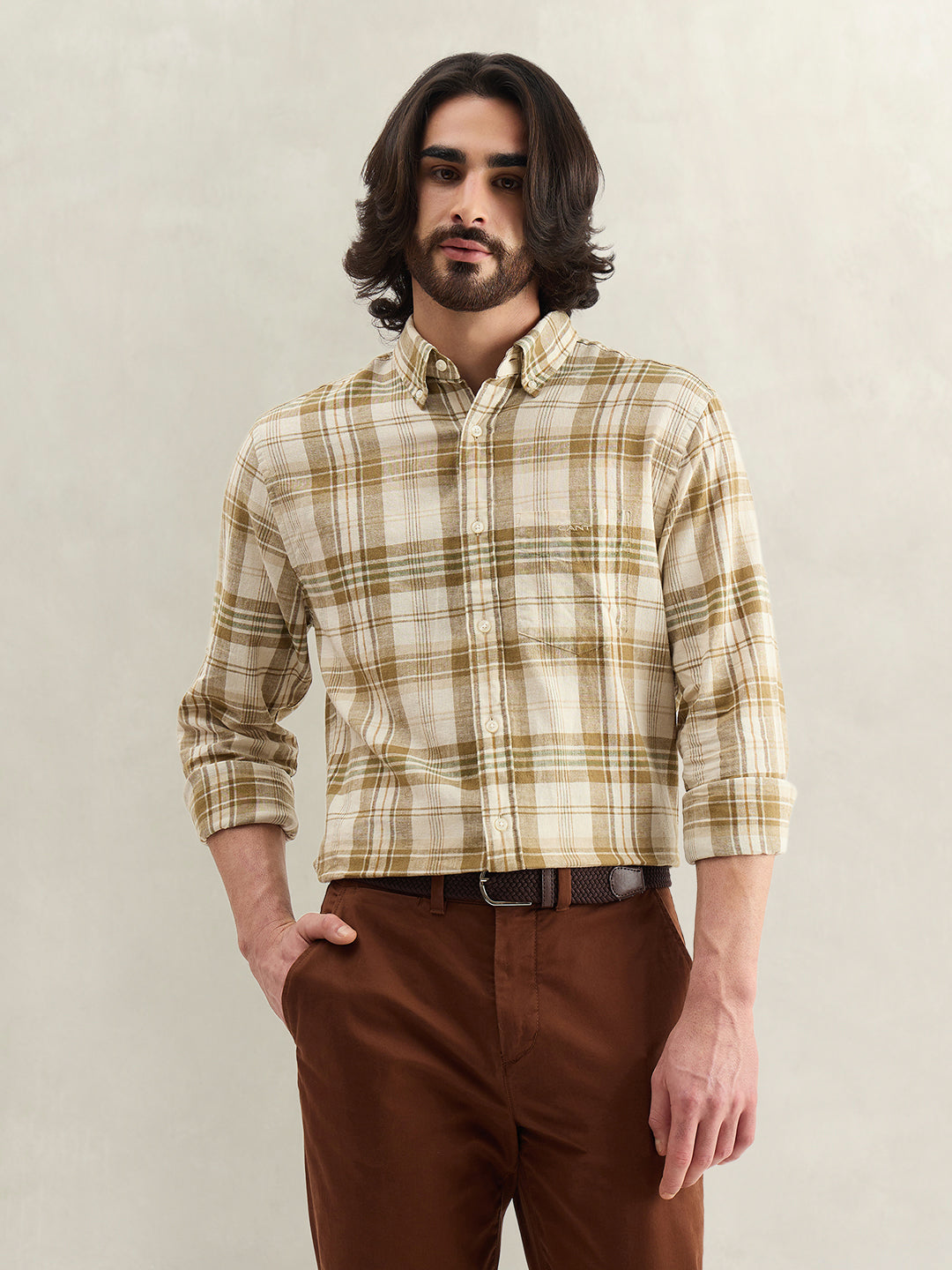 Gant Men Khaki Checked Regular Fit Linen Madras Checked Shirt
