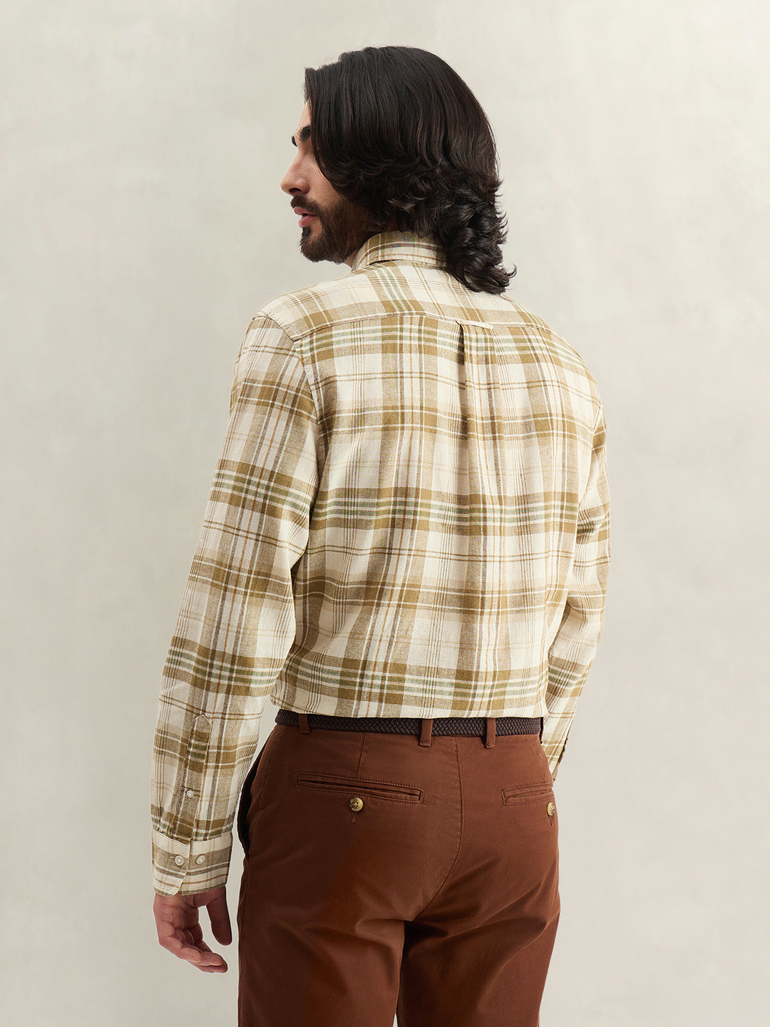 Gant Men Khaki Checked Regular Fit Linen Madras Checked Shirt