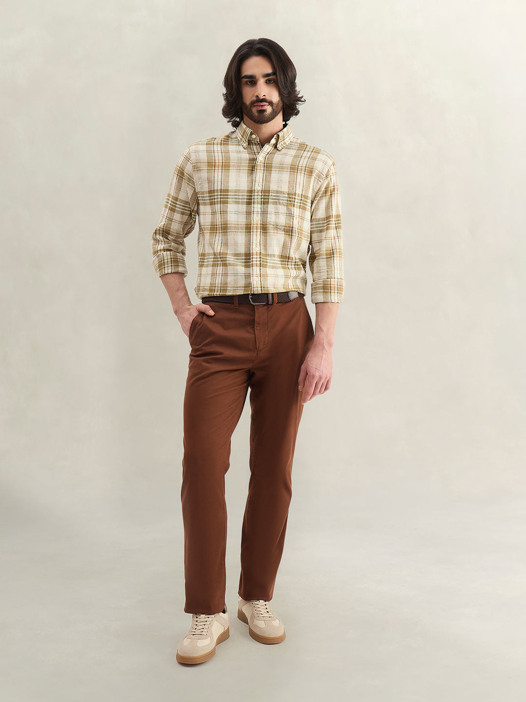 Gant Men Khaki Checked Regular Fit Linen Madras Checked Shirt