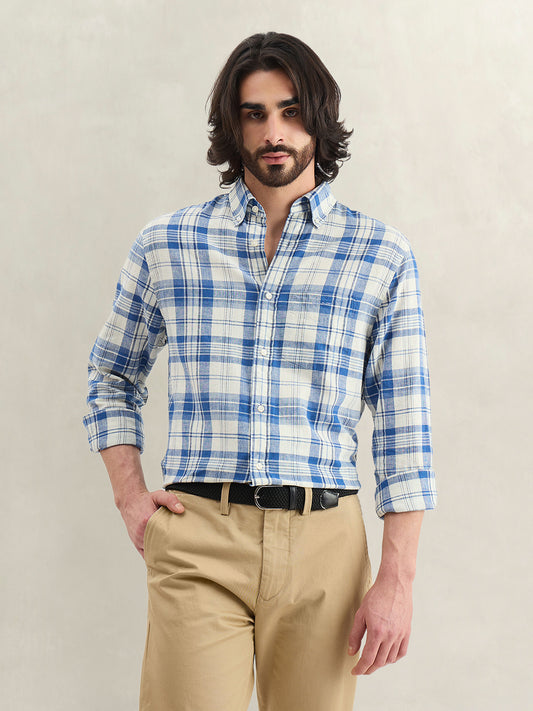 Gant Men Blue Checked Regular Fit Linen Madras Checked Shirt
