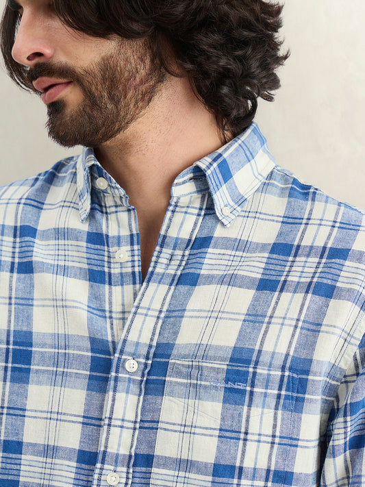 Gant Men Blue Checked Regular Fit Linen Madras Checked Shirt