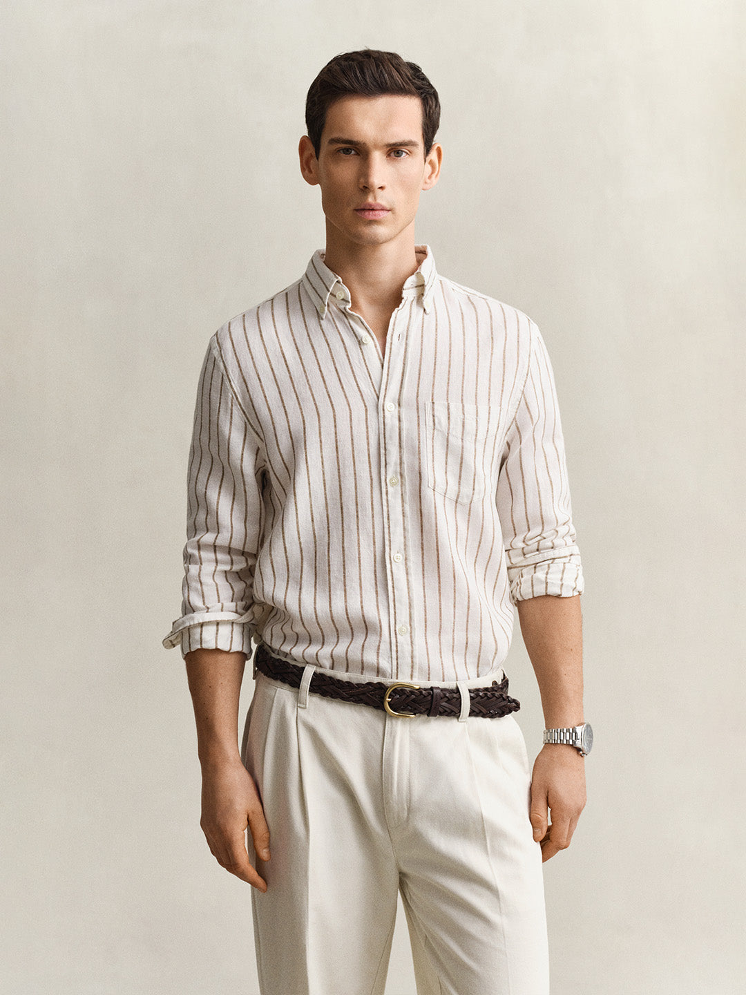 Gant Men Cream Striped Linen Blend Shirt