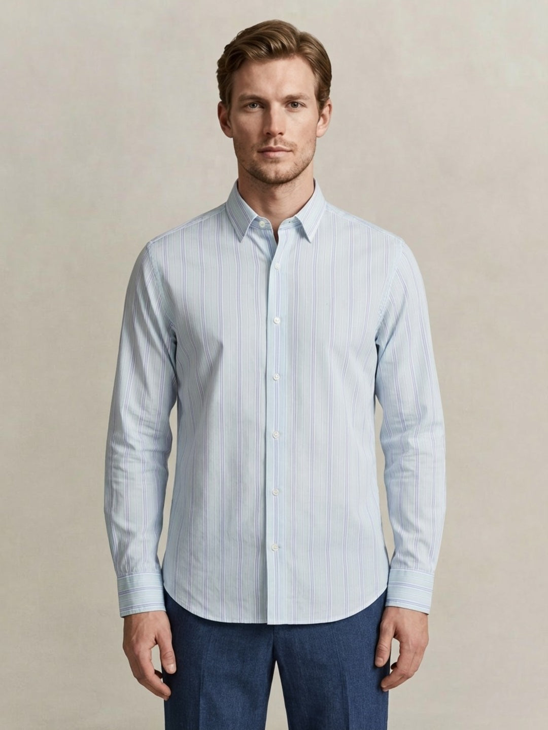 Gant Men Light Blue Striped Regular Fit Pure Cotton Shirt