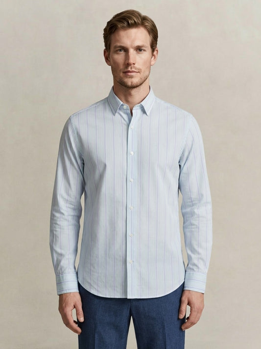 Gant Men Light Blue Striped Regular Fit Pure Cotton Shirt