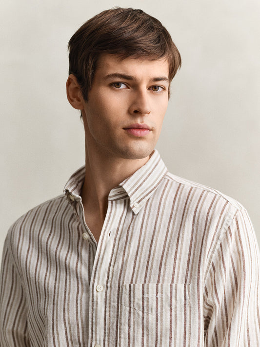 Gant Men Beige Striped Regular Fit Cotton Linen Shirt