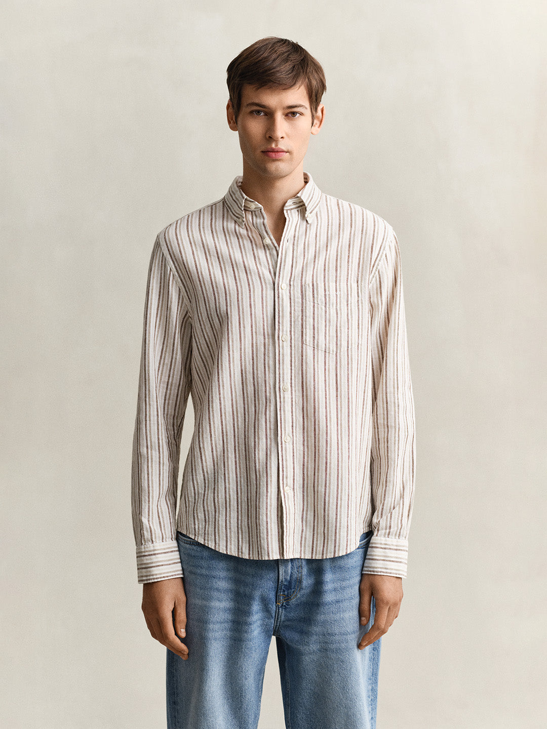 Gant Men Beige Striped Regular Fit Cotton Linen Shirt