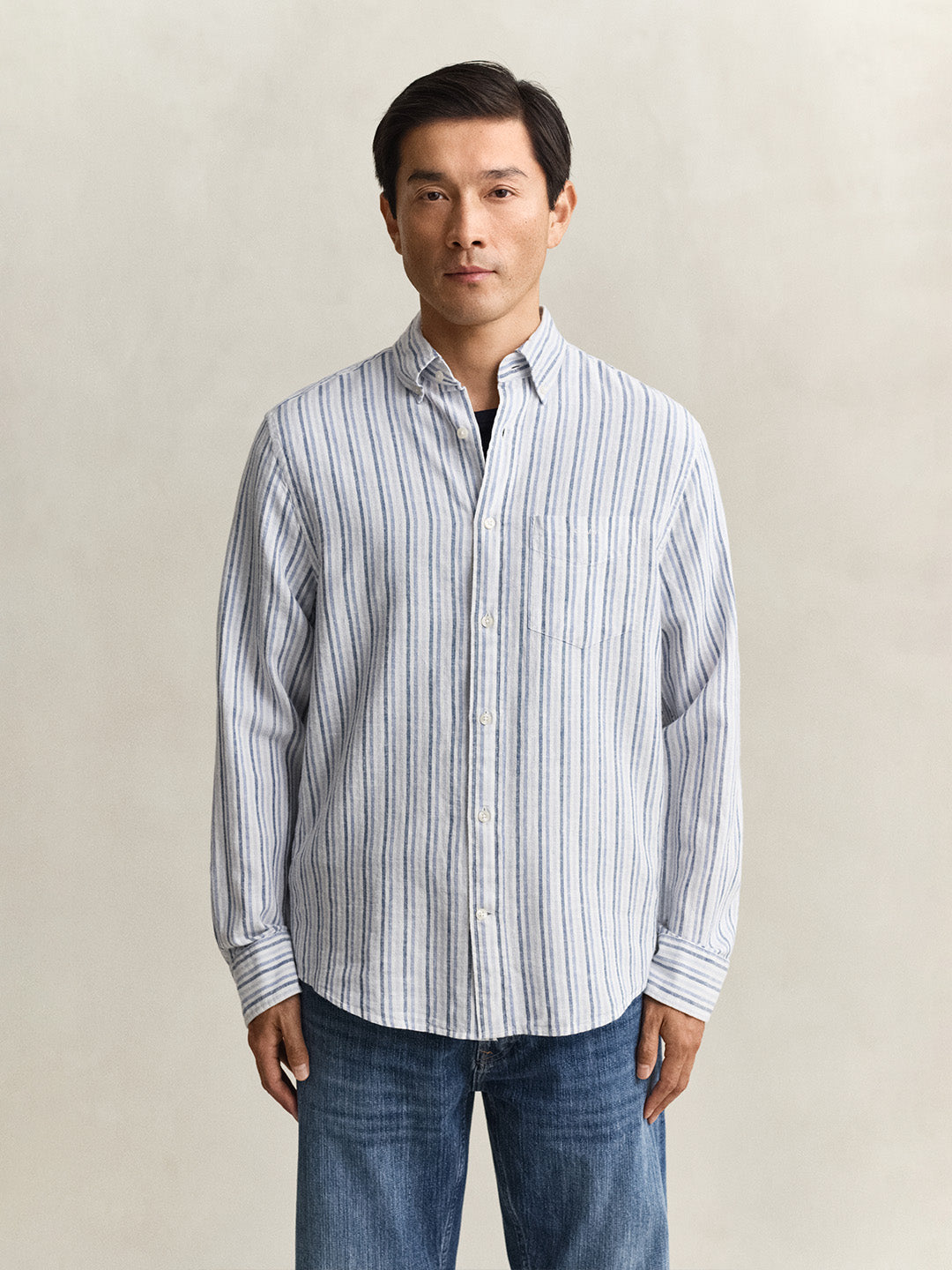 Gant Men Blue Striped Regular Fit Cotton Linen Shirt