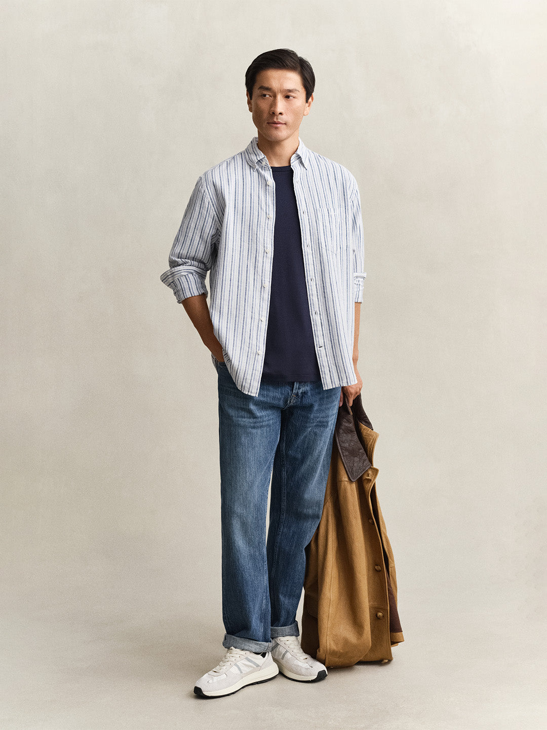 Gant Men Blue Striped Regular Fit Cotton Linen Shirt