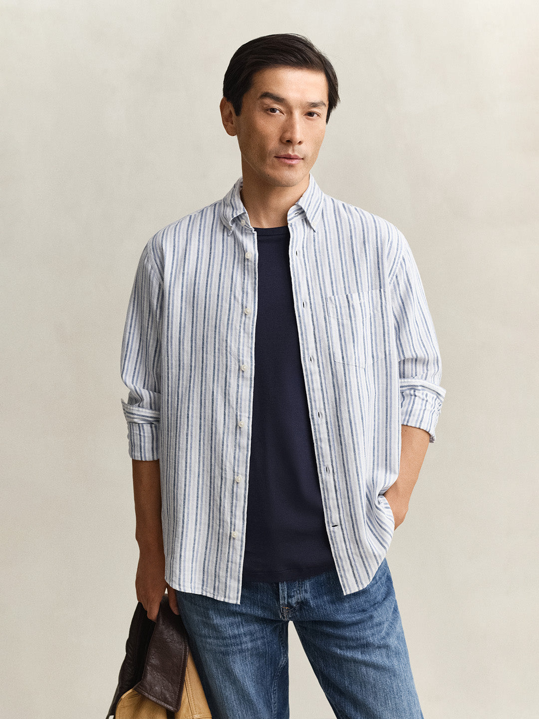 Gant Men Blue Striped Regular Fit Cotton Linen Shirt