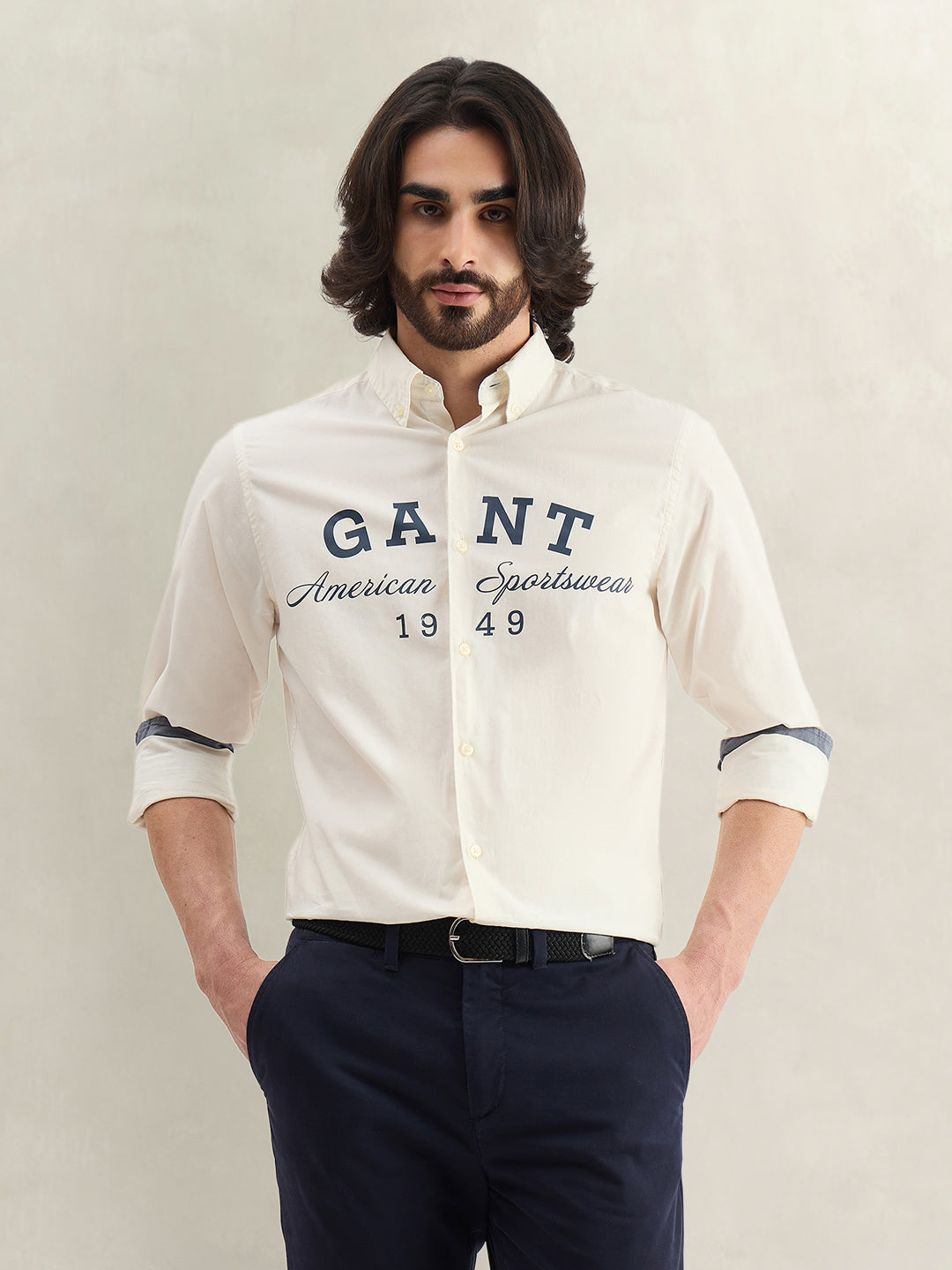 Gant Men Off White Printed Regular Fit Pure Cotton Shirt