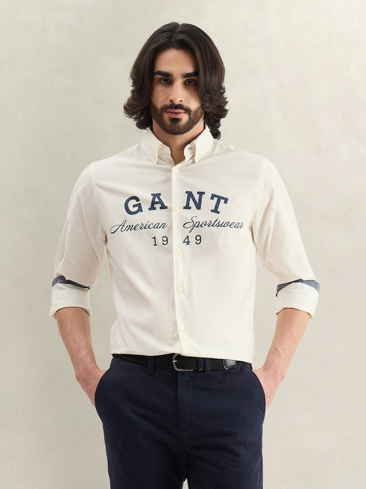 Gant Men Off White Printed Regular Fit Pure Cotton Shirt