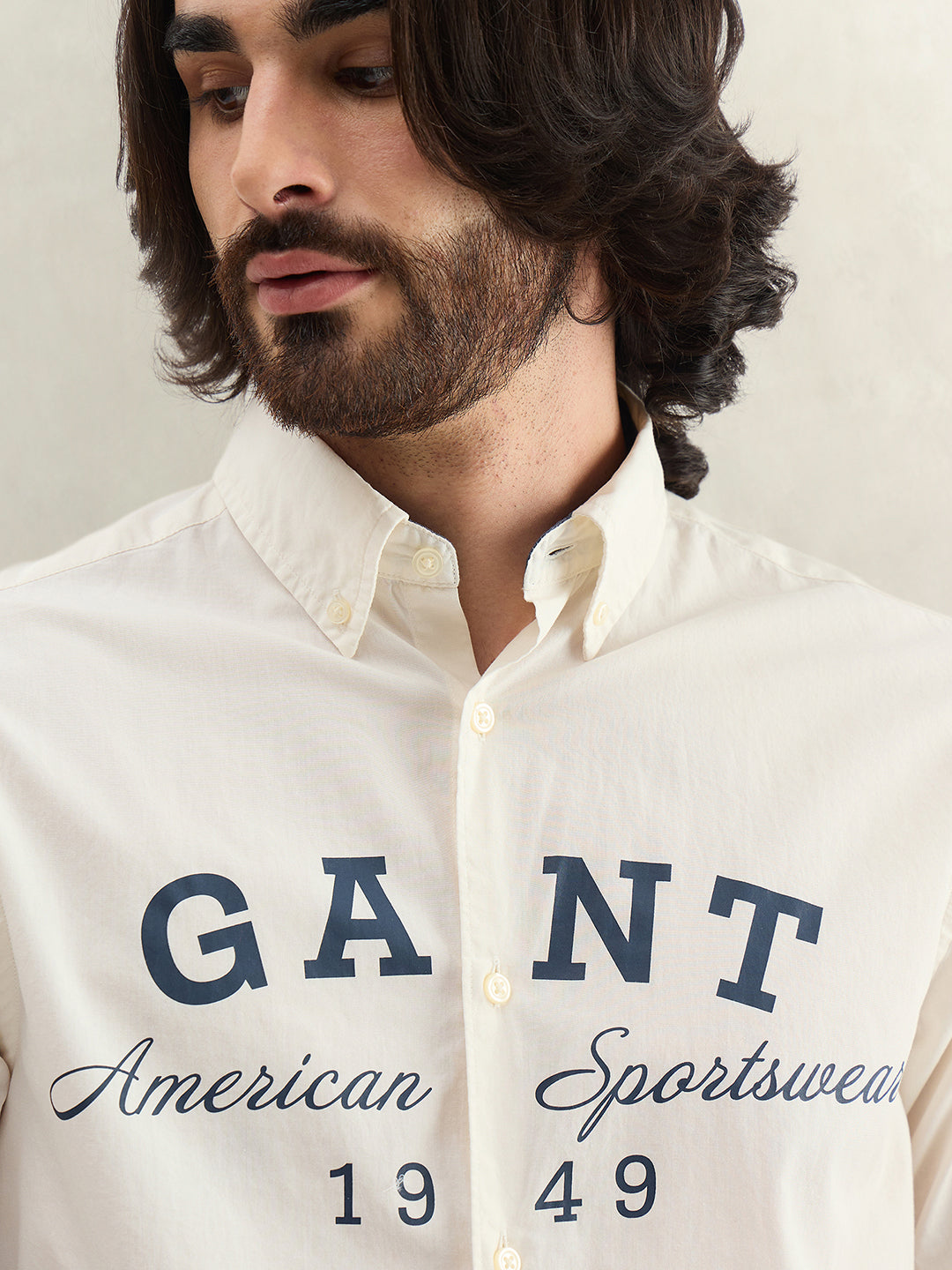 Gant Men Off White Printed Regular Fit Pure Cotton Shirt