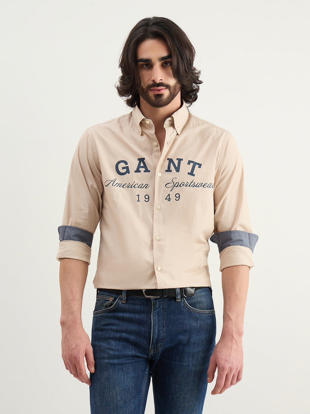 Gant Men Beige Printed Regular Fit Pure Cotton Shirt