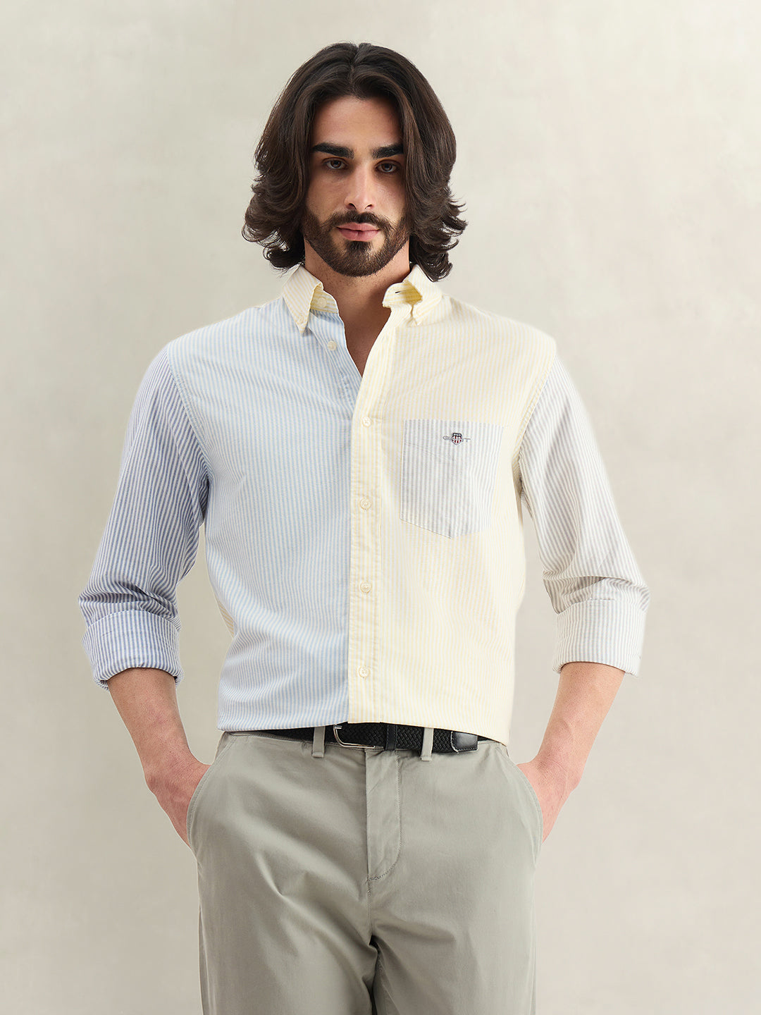 Gant Men Yellow Colorblock Regular Fit Pure Cotton Shirt
