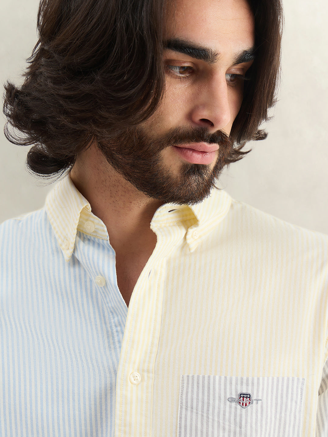 Gant Men Yellow Colorblock Regular Fit Pure Cotton Shirt