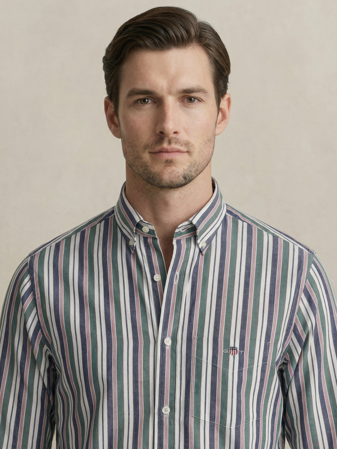 Gant Men Green Striped Regular Fit Poplin Shirt