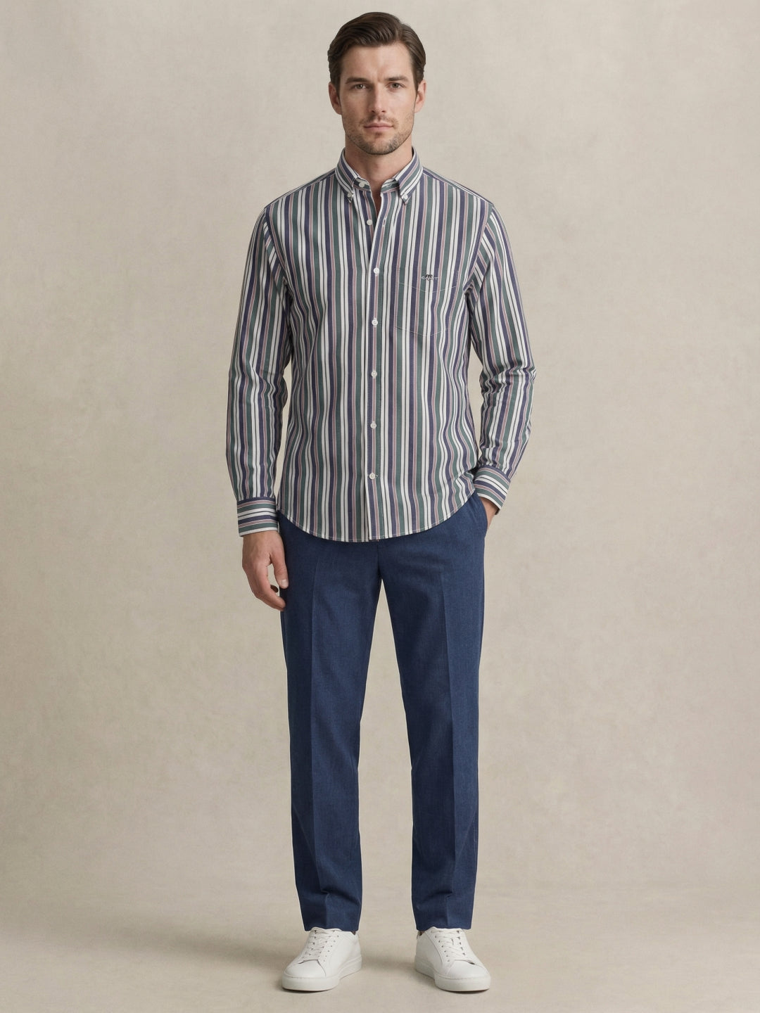 Gant Men Green Striped Regular Fit Poplin Shirt