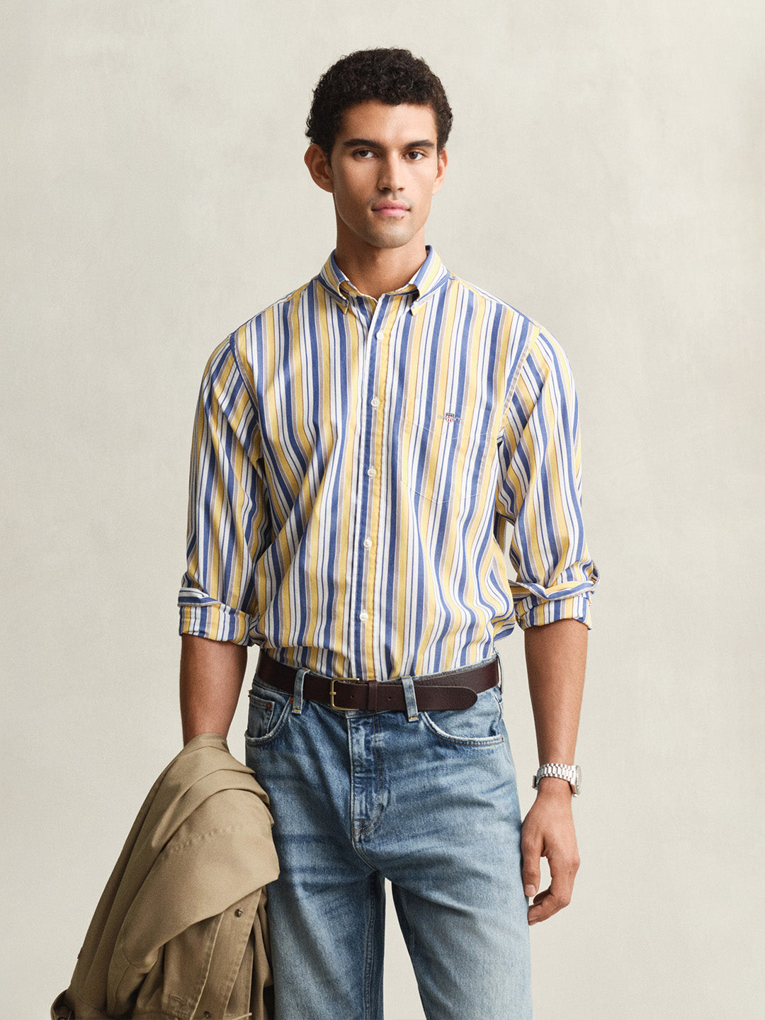 Gant Men Yellow Striped Regular Fit Poplin Shirt