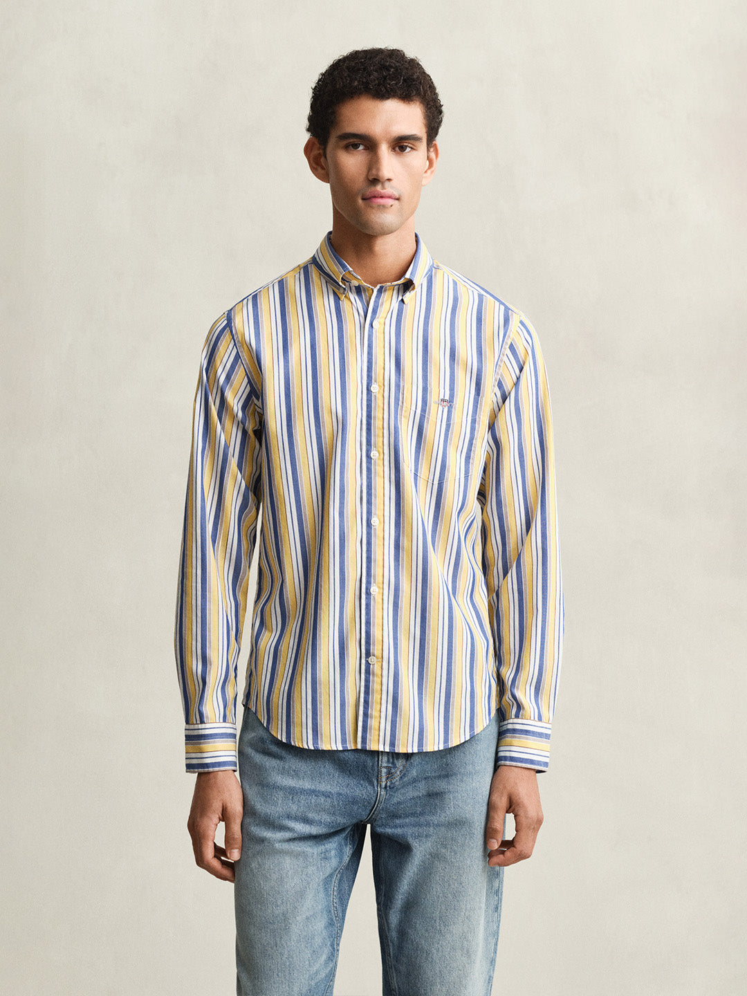Gant Men Yellow Striped Regular Fit Poplin Shirt