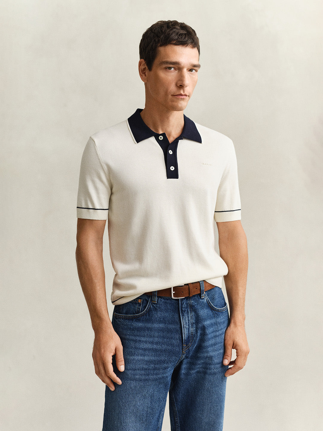Gant Men Cream Solid Regular Fit Polo T-Shirt