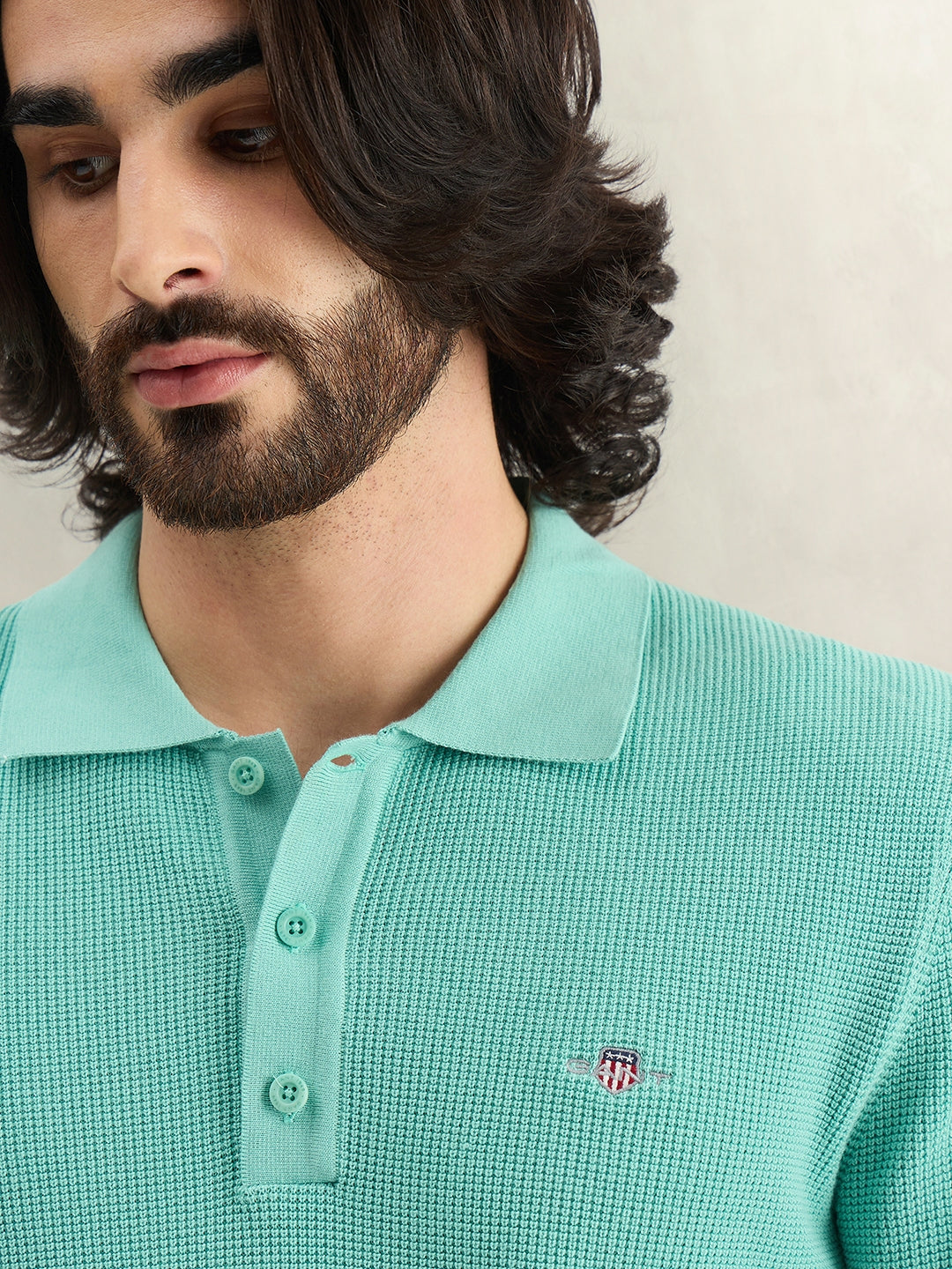 Gant Men Turquoise Solid Regular Fit Micro Textured Polo T-Shirt