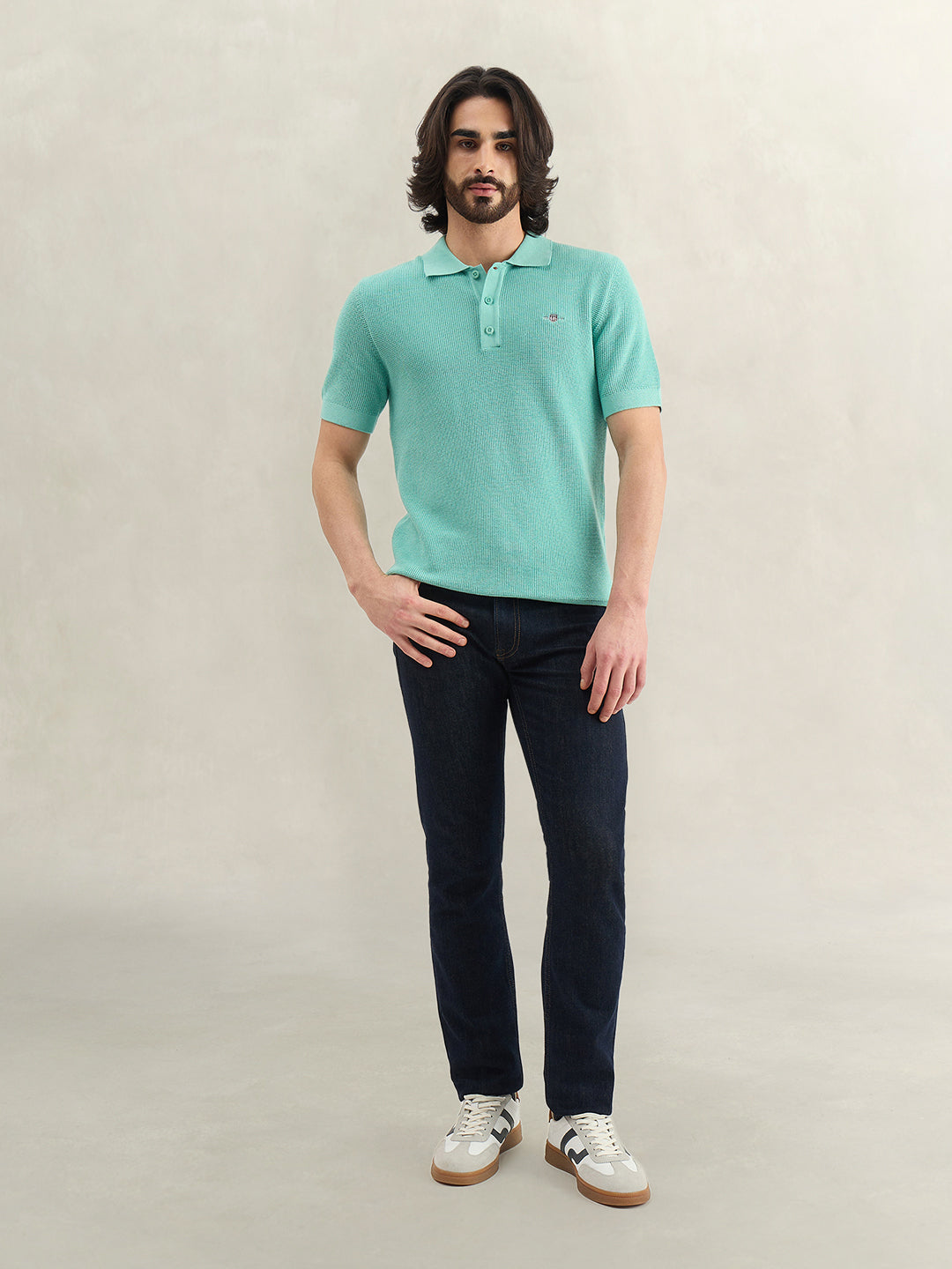 Gant Men Turquoise Solid Regular Fit Micro Textured Polo T-Shirt