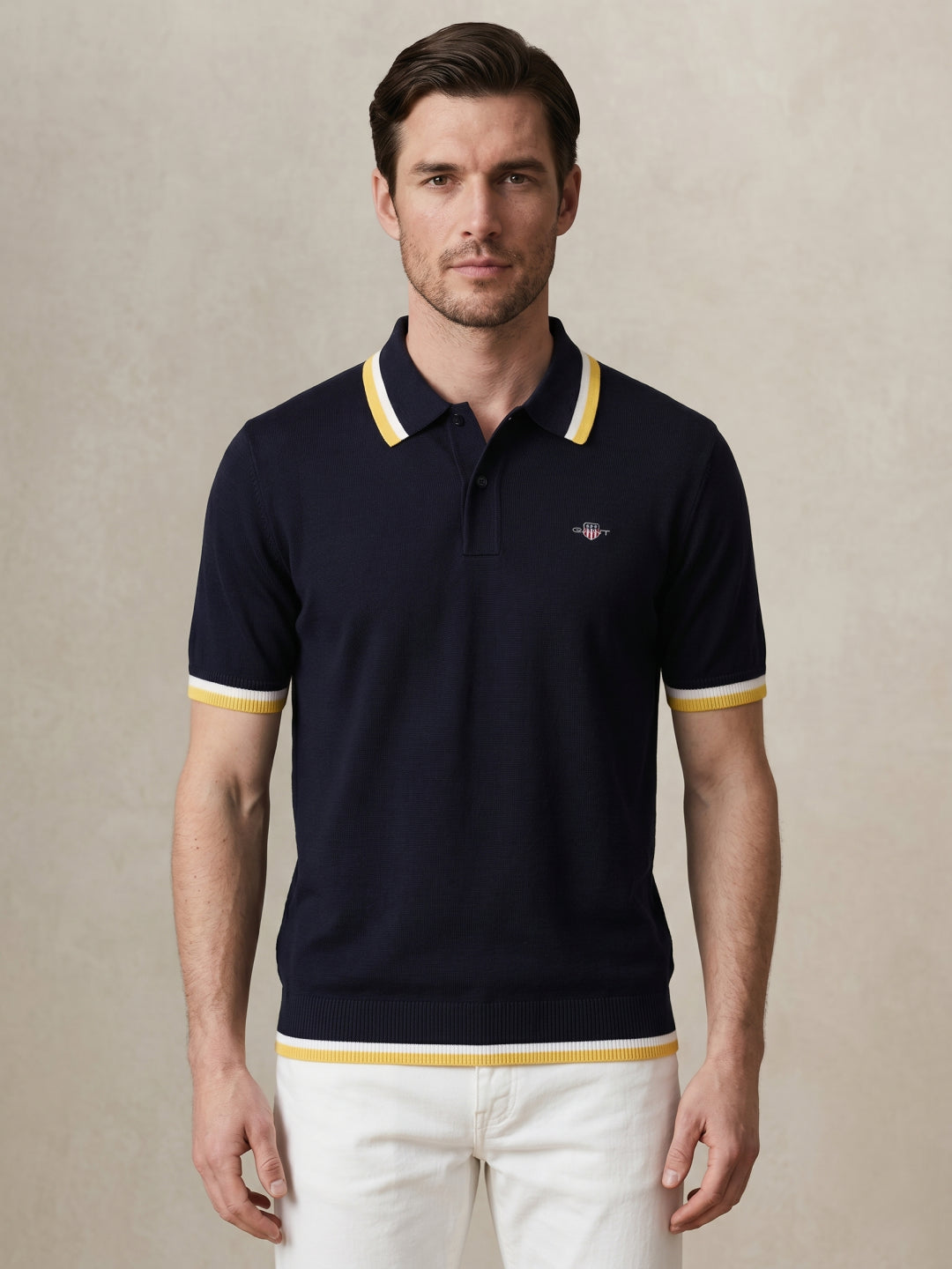 Gant Men Navy Blue Solid Regular Fit Pure Cotton Polo T-Shirt