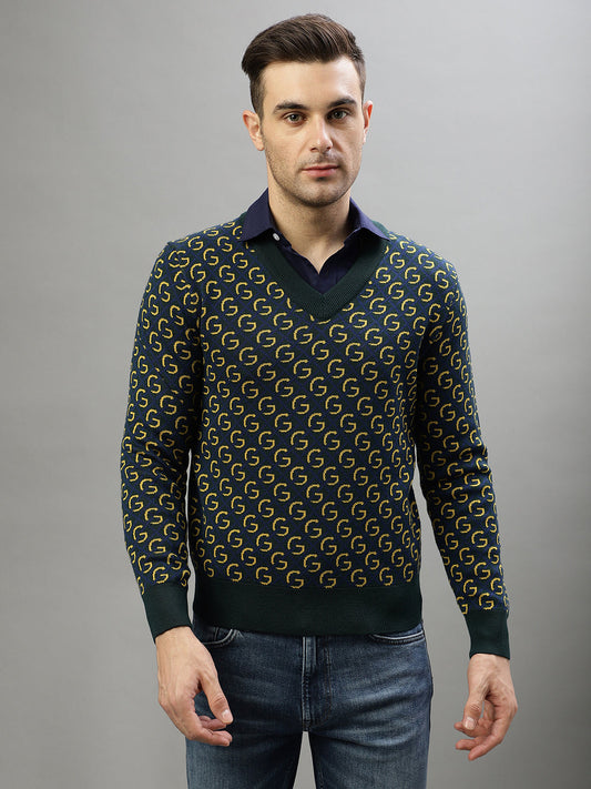 Gant Men Self Design V-Neck Full Sleeves Sweater